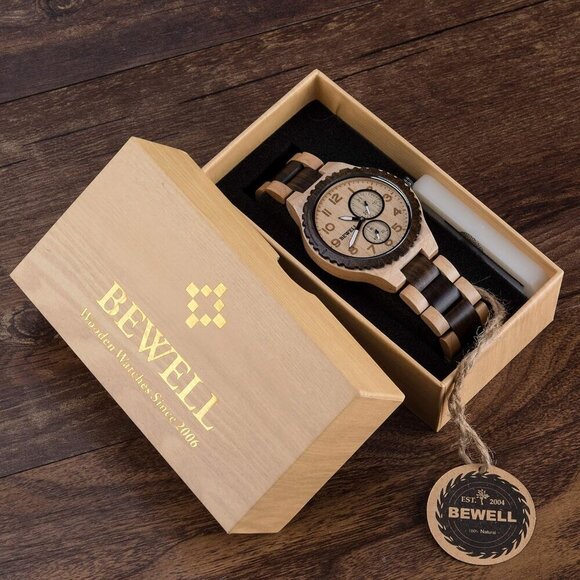 ✨ Bewell Analog Quartz Men Brown Retro Handcraft Lightweight Wooden Wristwatch - Picture 4 of 6